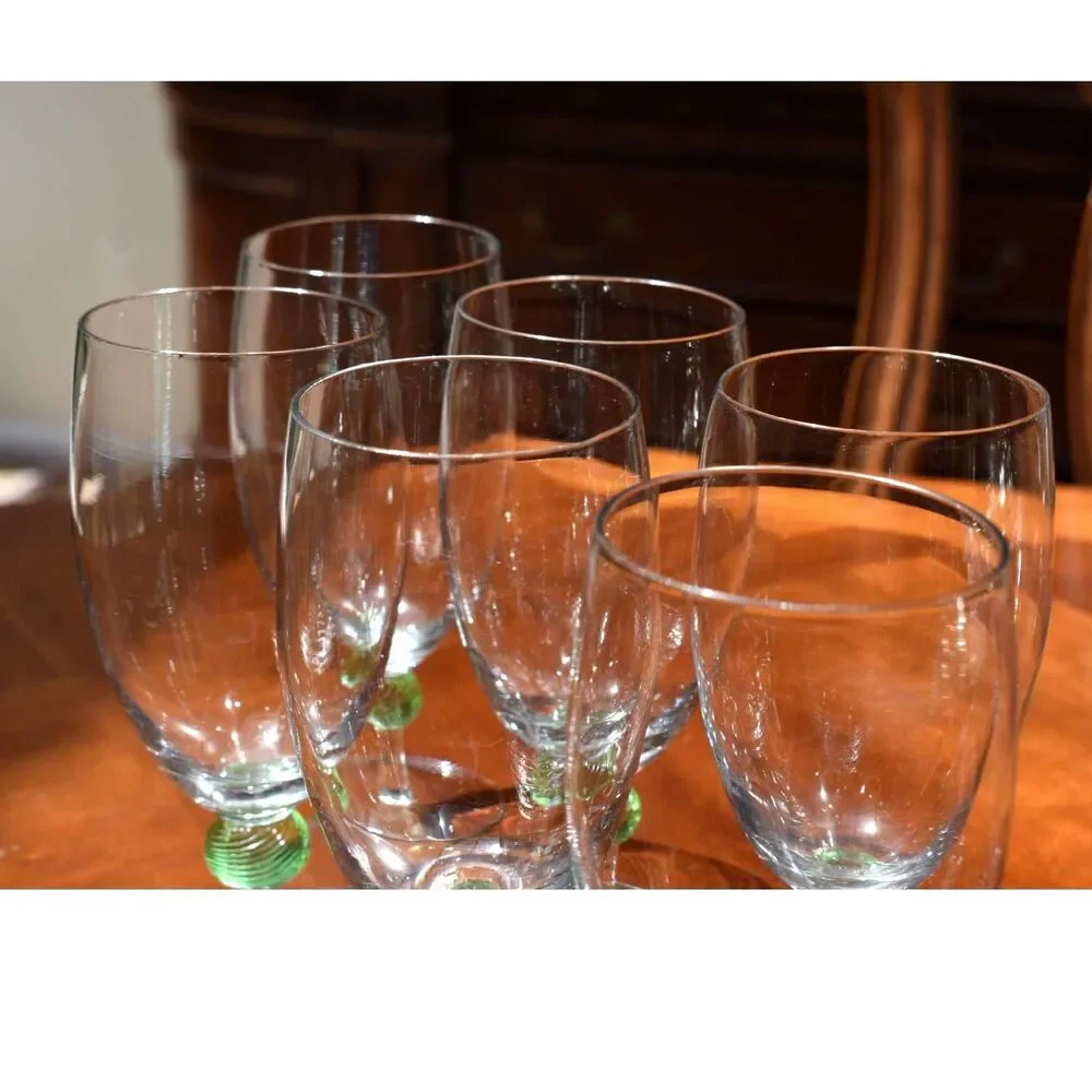 Set of 6 Vintage Green Spiral Ball Stem Wine Goblets Hand Blown Clear Bowl 7.5in